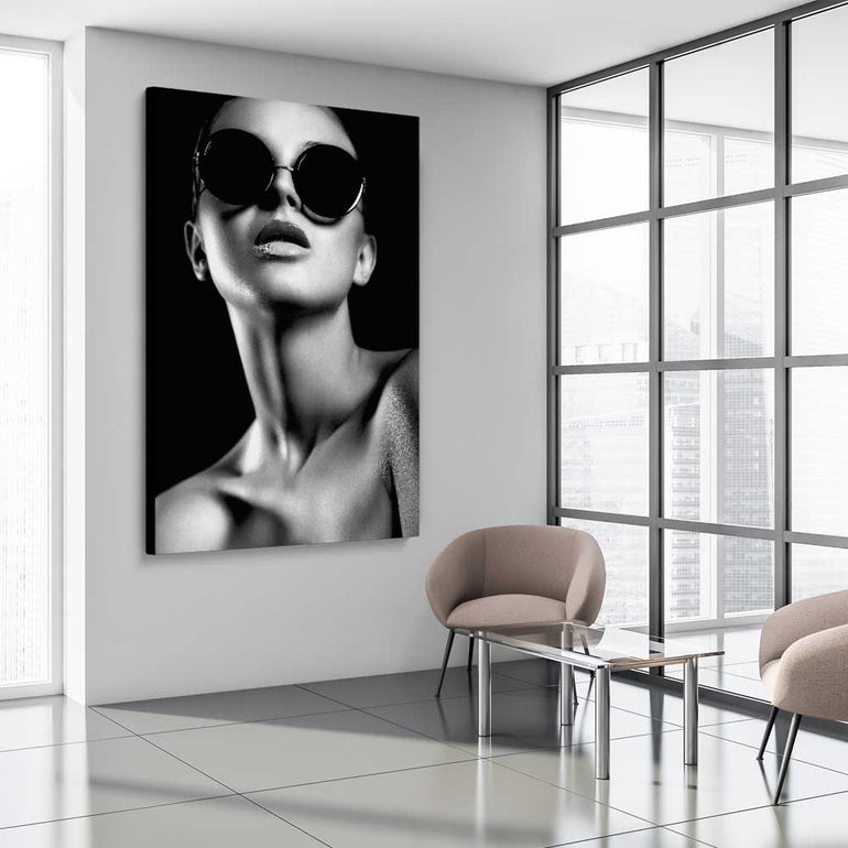 Behind the Shades stretched canvas displayed from an angle in a room - part of our high quality fashion canvas wall art and prints collection