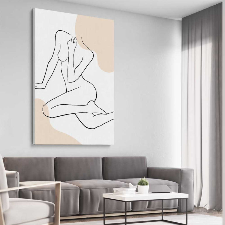 Beige Comfort stretched canvas displayed from an angle in a room - part of our high quality fashion canvas wall art and prints collection