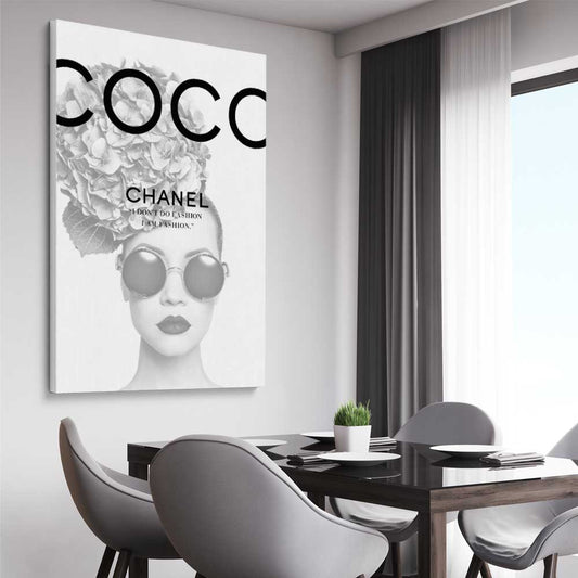 Coco Hydrangea stretched canvas displayed from an angle in a room - part of our high quality fashion canvas wall art and prints collection