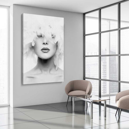 Feather Lips stretched canvas displayed from an angle in a room - part of our high quality fashion canvas wall art and prints collection