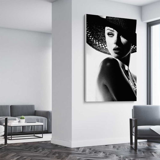 Silhouette Stare stretched canvas displayed from an angle in a room - part of our high quality fashion canvas wall art and prints collection