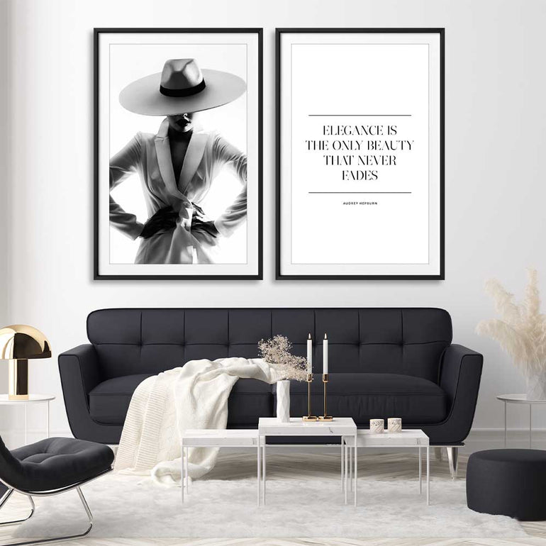 White Hat Gaze Pair stretched canvas displayed from an angle in a room - part of our high quality fashion canvas wall art and prints collection