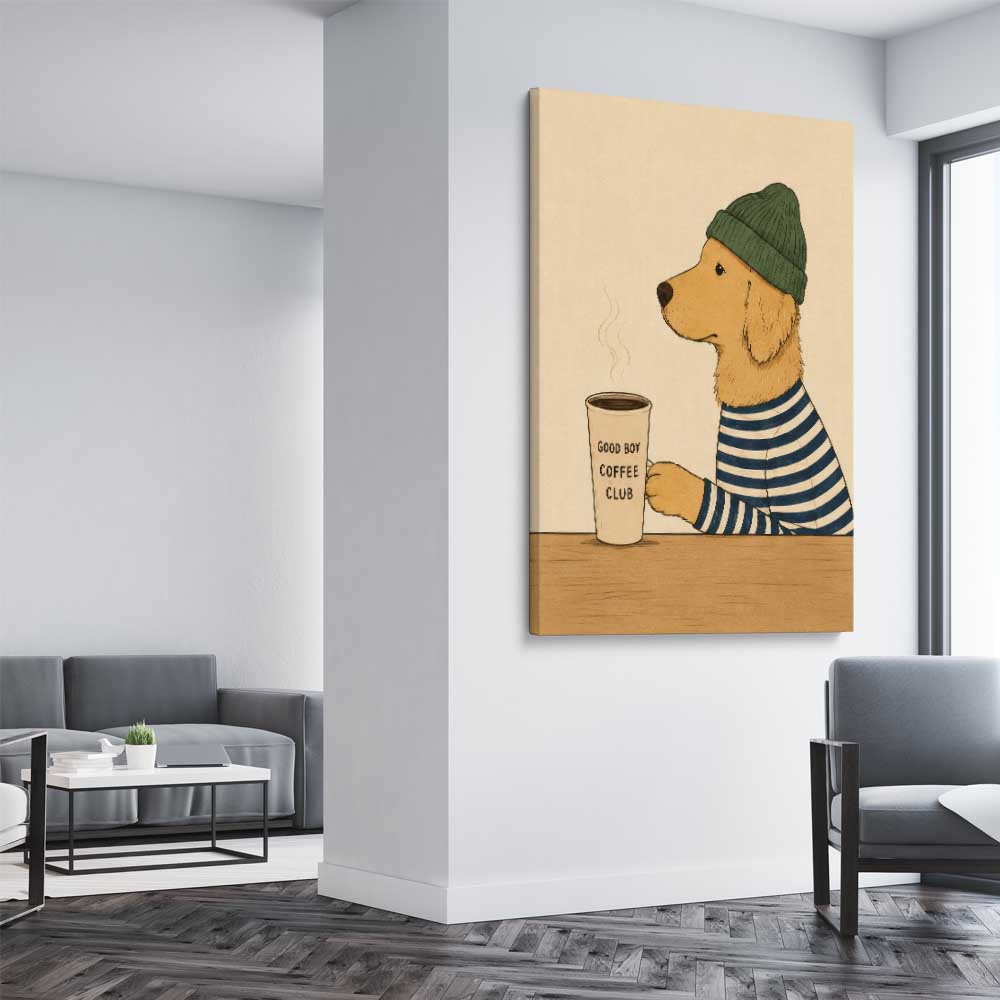 Inspirational wall art print of Good Boy Coffee on a stretched canvas displayed from an angle in a room