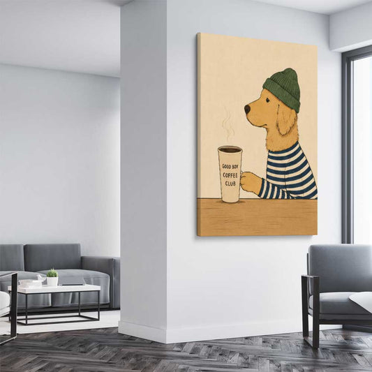 Inspirational wall art print of Good Boy Coffee on a stretched canvas displayed from an angle in a room
