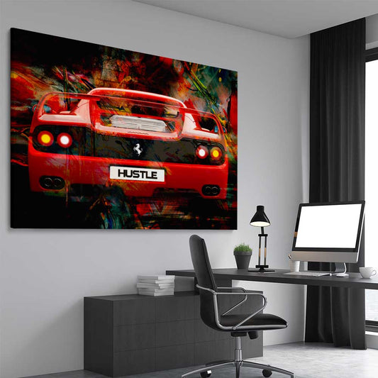 Inspirational wall art print of Hustle Fast on a stretched canvas displayed from an angle in a room