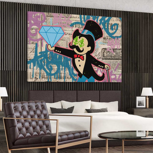 Inspirational wall art print of Moneybags Diamond on a stretched canvas displayed from an angle in a room