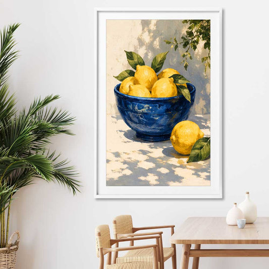 Amalfi Lemons stretched canvas displayed from an angle in a room is a colourful and stylish canvas wall art and print suited for the kitchen area