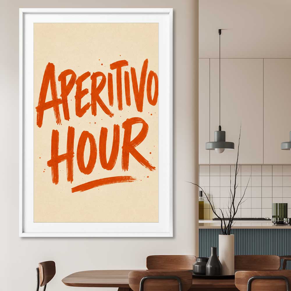 Aperitivo Hour stretched canvas displayed from an angle in a room is a colourful and stylish canvas wall art and print suited for the kitchen area