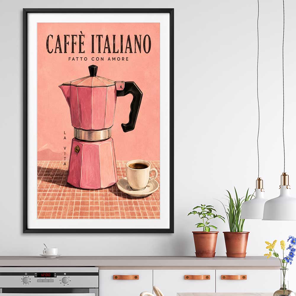 Caffe Italiano stretched canvas displayed from an angle in a room is a colourful and stylish canvas wall art and print suited for the kitchen area