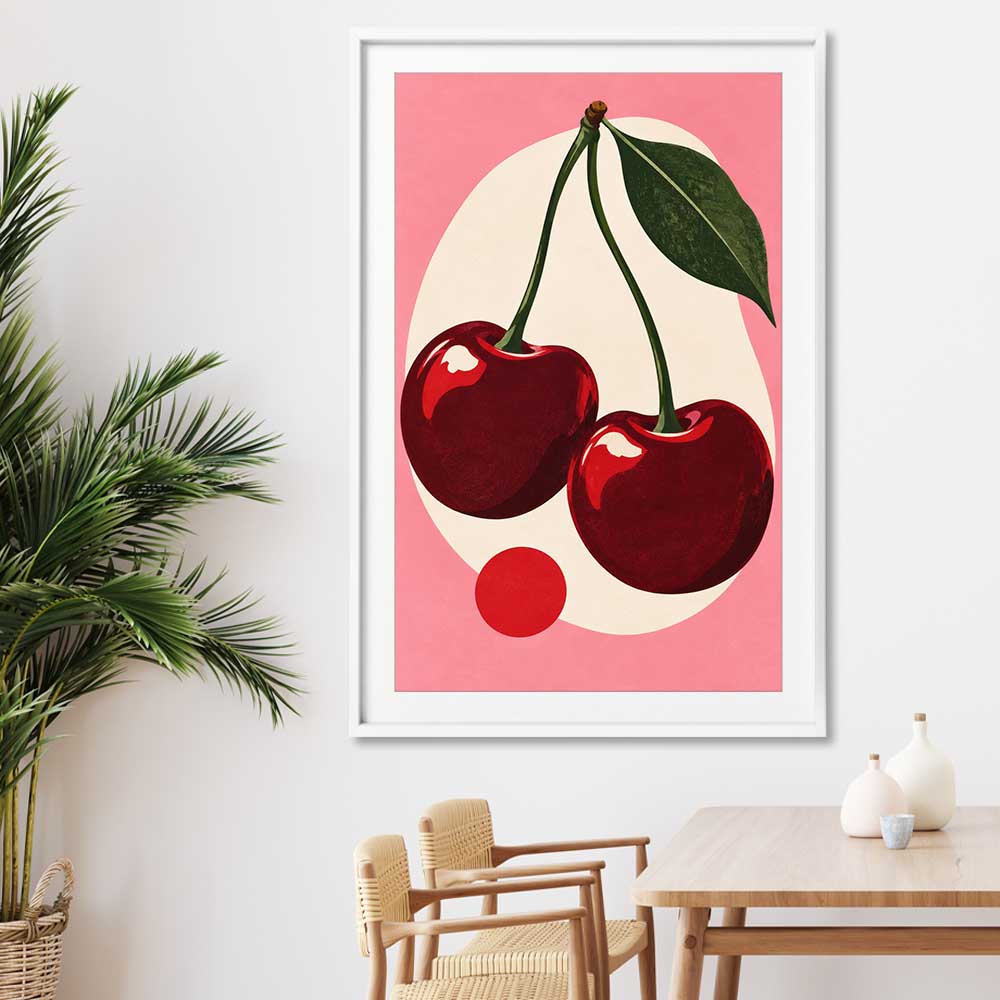 Cherry Crush stretched canvas displayed from an angle in a room is a colourful and stylish canvas wall art and print suited for the kitchen area