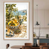 Citrus and Coast stretched canvas displayed from an angle in a room is a colourful and stylish canvas wall art and print suited for the kitchen area