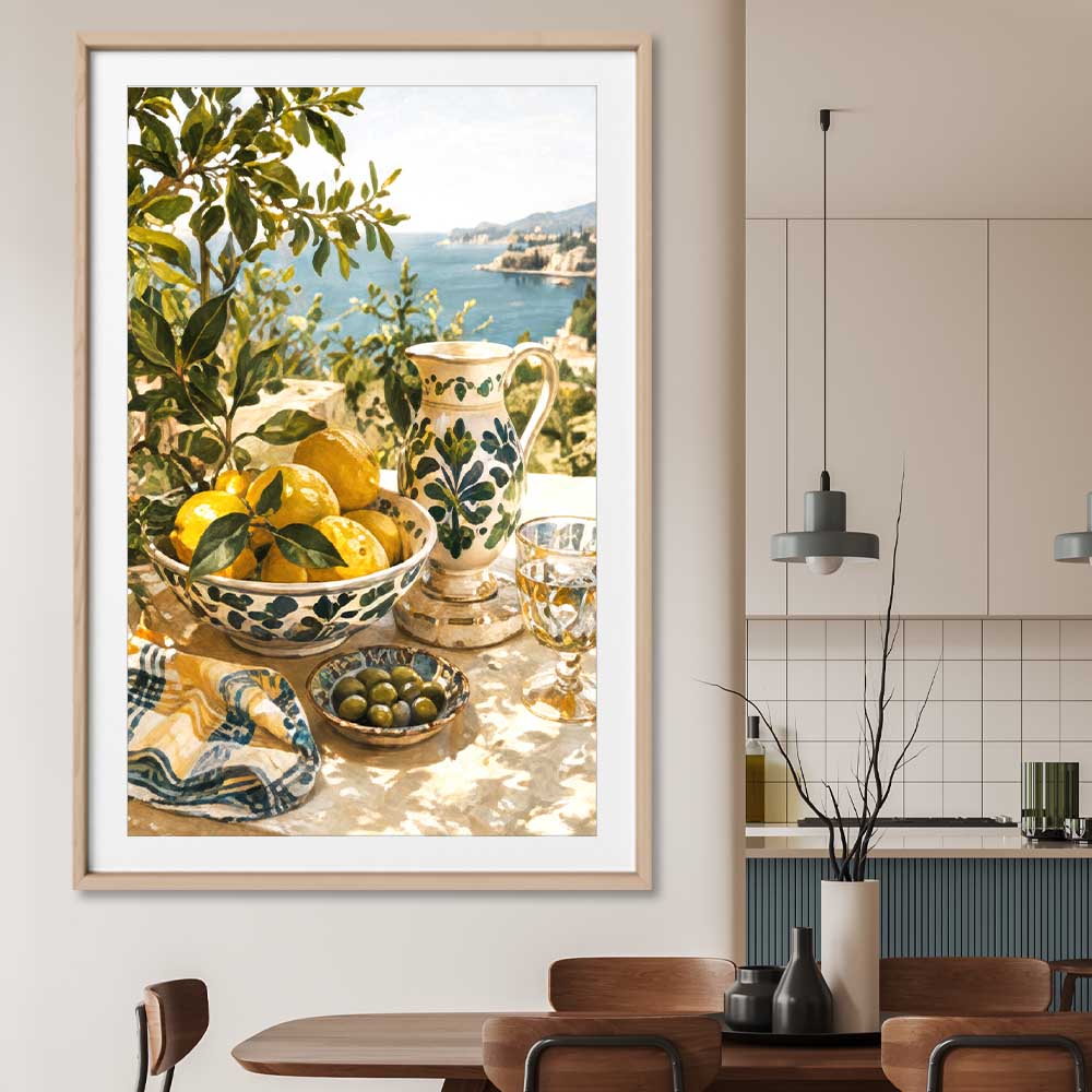 Citrus and Coast stretched canvas displayed from an angle in a room is a colourful and stylish canvas wall art and print suited for the kitchen area