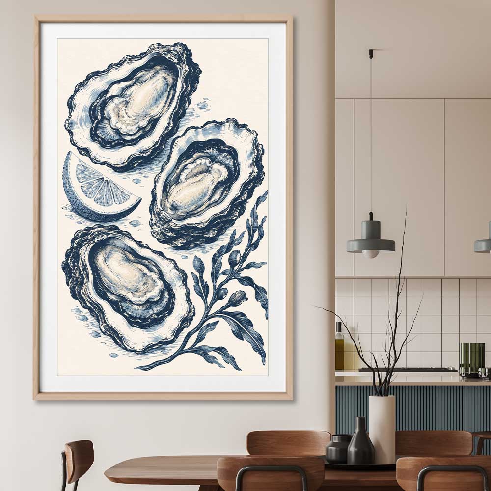 Coastal Indigo Oysters stretched canvas displayed from an angle in a room is a colourful and stylish canvas wall art and print suited for the kitchen area