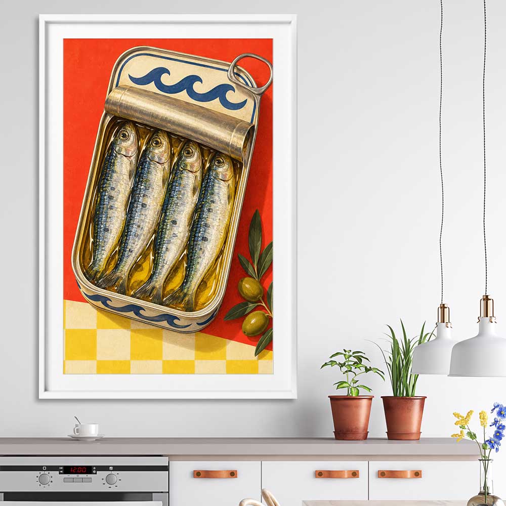 Golden Sardine Tin stretched canvas displayed from an angle in a room is a colourful and stylish canvas wall art and print suited for the kitchen area