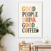 Good People Brew stretched canvas displayed from an angle in a room is a colourful and stylish canvas wall art and print suited for the kitchen area