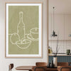 Green Bottle stretched canvas displayed from an angle in a room is a colourful and stylish canvas wall art and print suited for the kitchen area