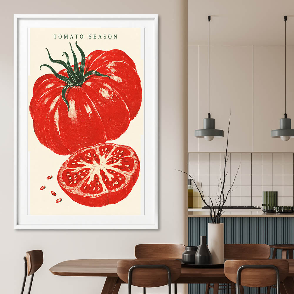 Heirloom Tomato Season stretched canvas displayed from an angle in a room is a colourful and stylish canvas wall art and print suited for the kitchen area