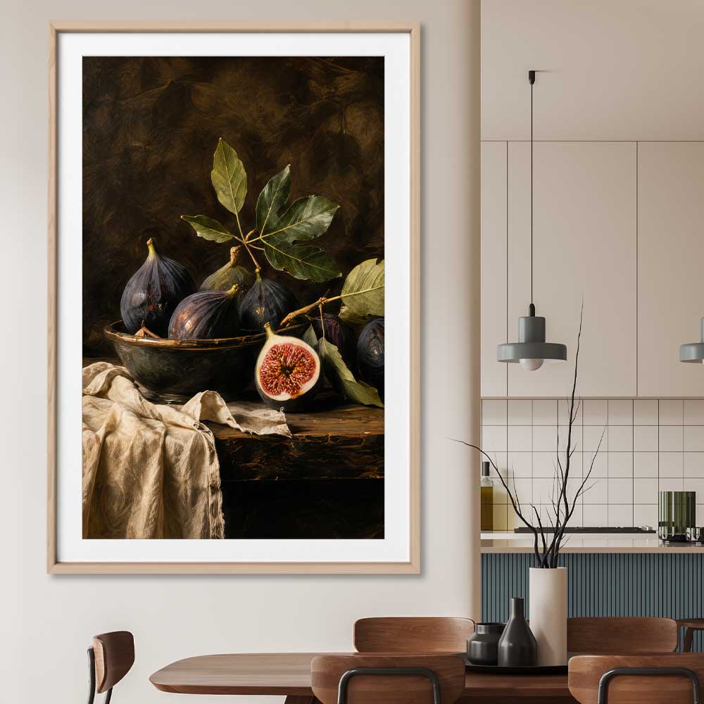 Midnight Harvest stretched canvas displayed from an angle in a room is a colourful and stylish canvas wall art and print suited for the kitchen area
