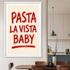 Pasta La Vista Baby stretched canvas displayed from an angle in a room is a colourful and stylish canvas wall art and print suited for the kitchen area