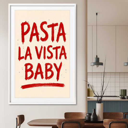 Pasta La Vista Baby stretched canvas displayed from an angle in a room is a colourful and stylish canvas wall art and print suited for the kitchen area