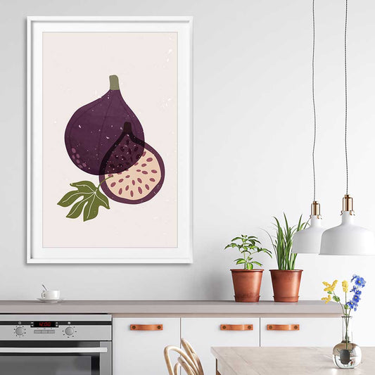 Purple Fig stretched canvas displayed from an angle in a room is a colourful and stylish canvas wall art and print suited for the kitchen area