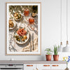 Rose and Olives stretched canvas displayed from an angle in a room is a colourful and stylish canvas wall art and print suited for the kitchen area