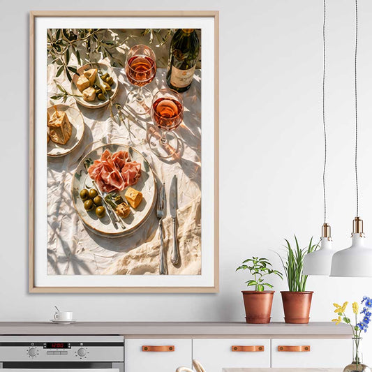 Rose and Olives stretched canvas displayed from an angle in a room is a colourful and stylish canvas wall art and print suited for the kitchen area