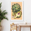 Sculptural Artichokes stretched canvas displayed from an angle in a room is a colourful and stylish canvas wall art and print suited for the kitchen area
