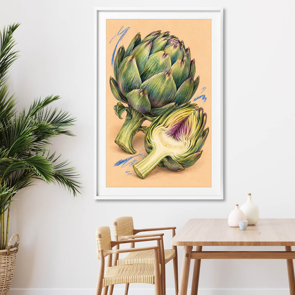 Sculptural Artichokes stretched canvas displayed from an angle in a room is a colourful and stylish canvas wall art and print suited for the kitchen area