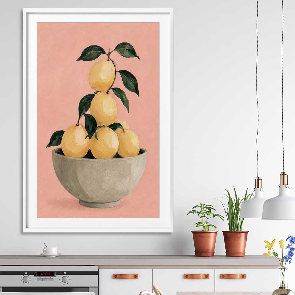 Sicilian Lemons stretched canvas displayed from an angle in a room is a colourful and stylish canvas wall art and print suited for the kitchen area