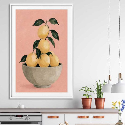 Sicilian Lemons stretched canvas displayed from an angle in a room is a colourful and stylish canvas wall art and print suited for the kitchen area