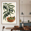 Terracotta Olive Branch stretched canvas displayed from an angle in a room is a colourful and stylish canvas wall art and print suited for the kitchen area