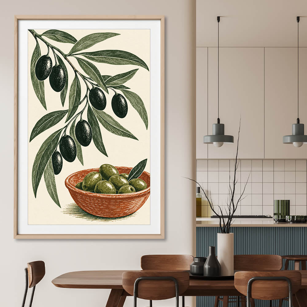 Terracotta Olive Branch stretched canvas displayed from an angle in a room is a colourful and stylish canvas wall art and print suited for the kitchen area