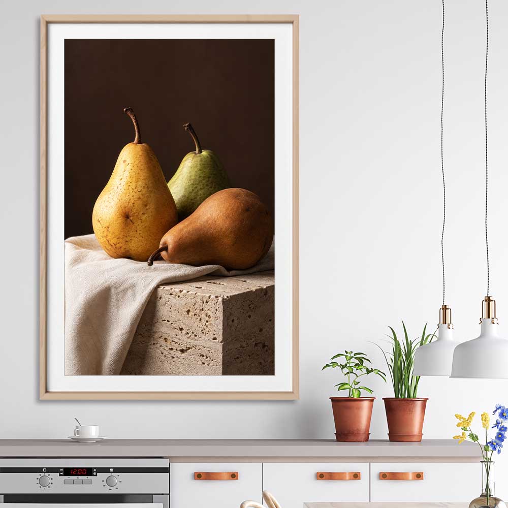 Three Pears stretched canvas displayed from an angle in a room is a colourful and stylish canvas wall art and print suited for the kitchen area