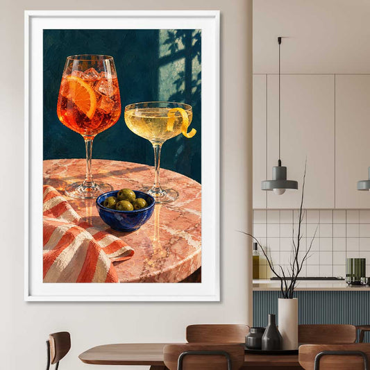 Twilight Aperitivo stretched canvas displayed from an angle in a room is a colourful and stylish canvas wall art and print suited for the kitchen area