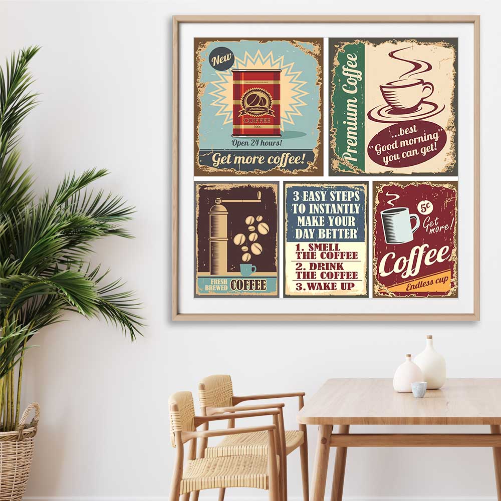 Vintage Coffee Collection stretched canvas displayed from an angle in a room is a colourful and stylish canvas wall art and print suited for the kitchen area