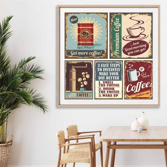 Vintage Coffee Collection stretched canvas displayed from an angle in a room is a colourful and stylish canvas wall art and print suited for the kitchen area