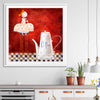 Whimsical Kitchen Life stretched canvas displayed from an angle in a room is a colourful and stylish canvas wall art and print suited for the kitchen area