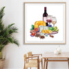 Wine and Cheese Feast stretched canvas displayed from an angle in a room is a colourful and stylish canvas wall art and print suited for the kitchen area