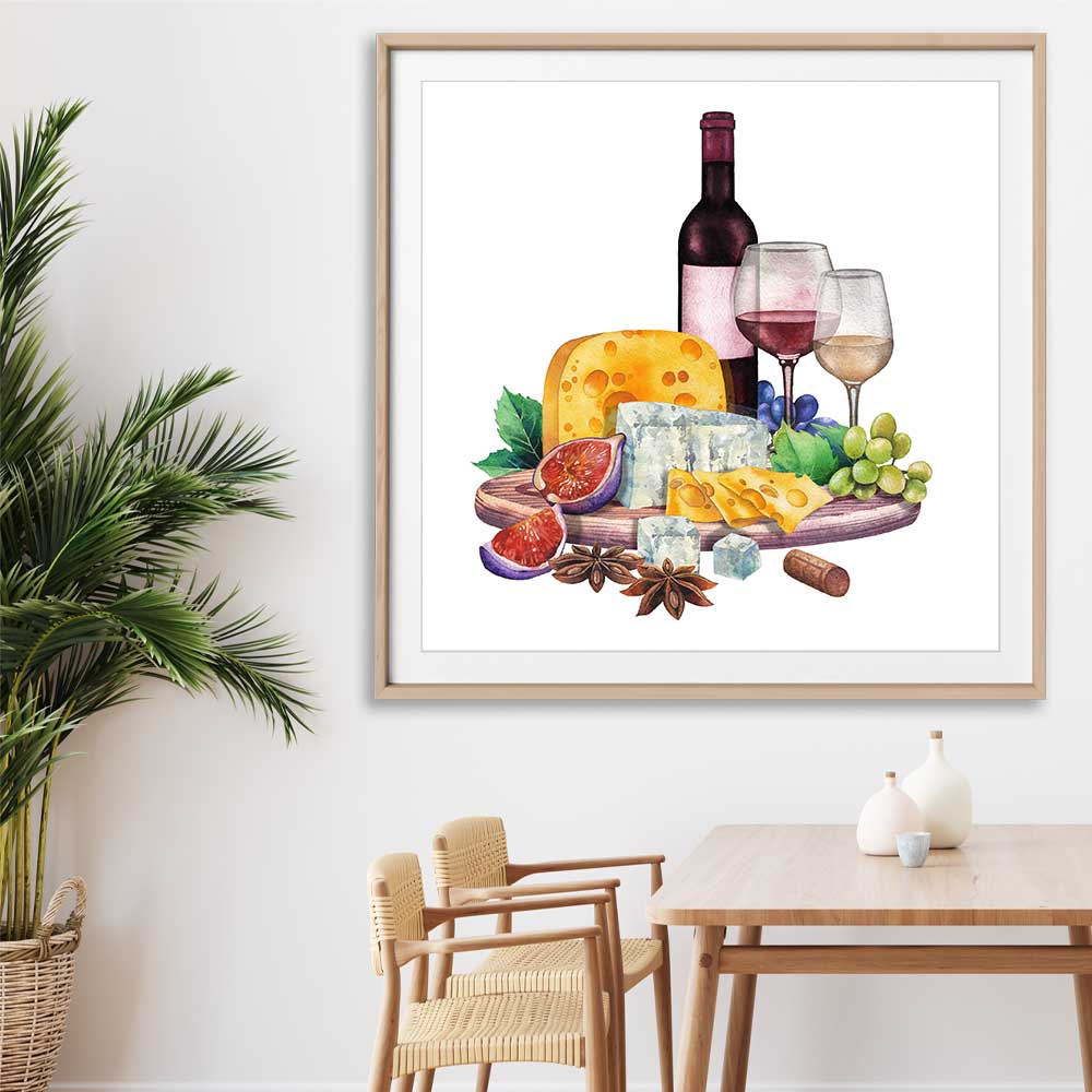 Wine and Cheese Feast stretched canvas displayed from an angle in a room is a colourful and stylish canvas wall art and print suited for the kitchen area