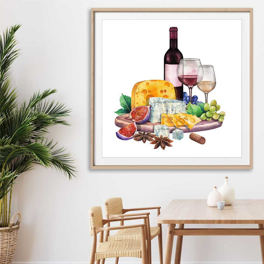 Wine and Cheese Feast stretched canvas displayed from an angle in a room is a colourful and stylish canvas wall art and print suited for the kitchen area