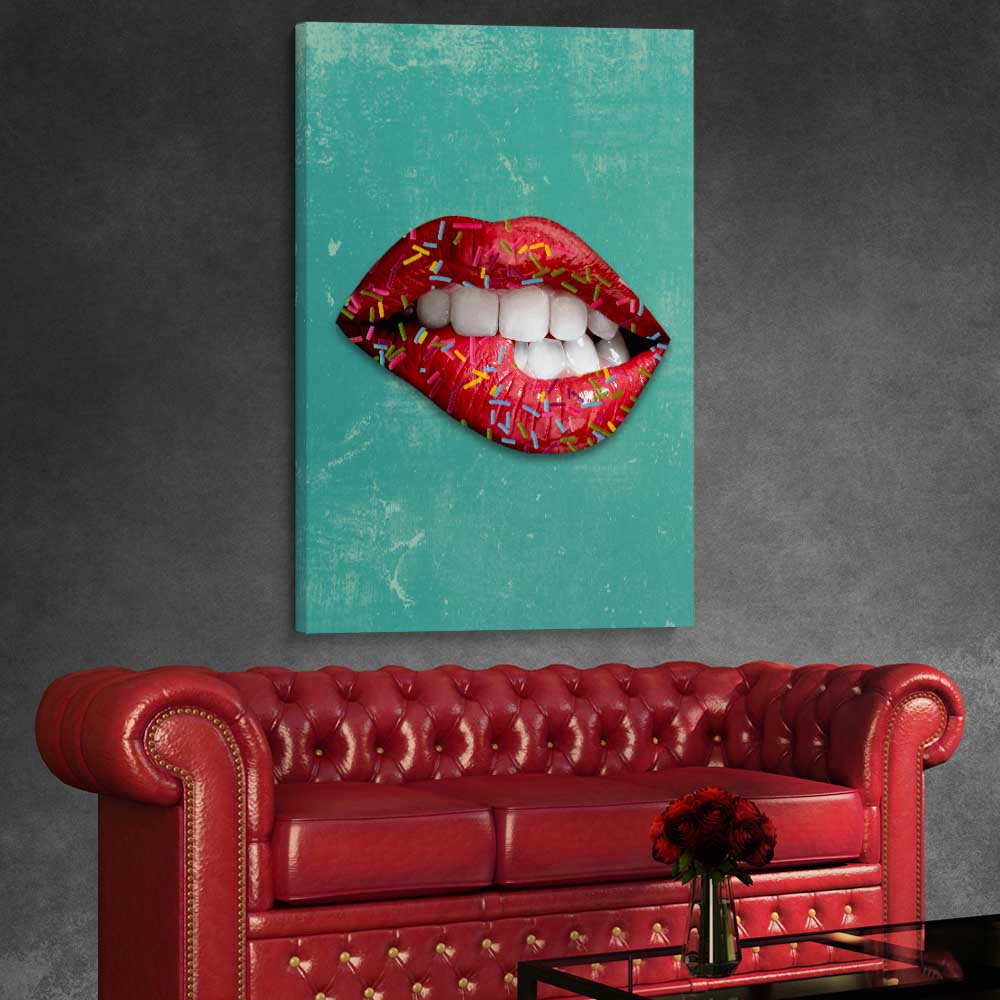 Candy Pop stretched canvas displayed from an angle in a room - part of our high quality canvas lips wall art collection