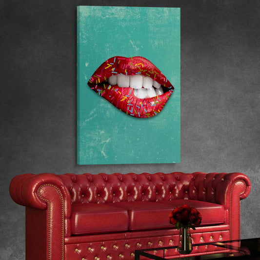 Candy Pop stretched canvas displayed from an angle in a room - part of our high quality canvas lips wall art collection