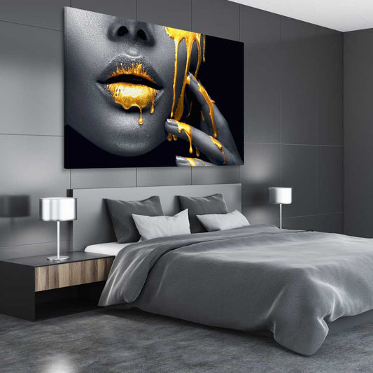 Golden Desire stretched canvas displayed from an angle in a room - part of our high quality canvas lips wall art collection