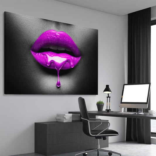 Purple Lust stretched canvas displayed from an angle in a room - part of our high quality canvas lips wall art collection