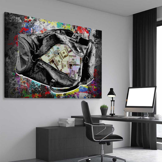 Money wall art print of Cash Duffel on a stretched canvas displayed from an angle in a room