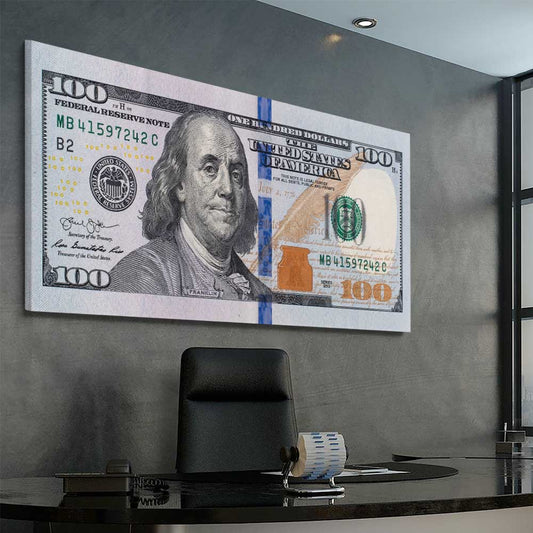 Money wall art print of Dollar Note on a stretched canvas displayed from an angle in a room