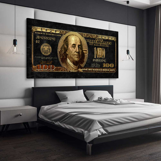 Money wall art print of Golden Bill on a stretched canvas displayed from an angle in a room