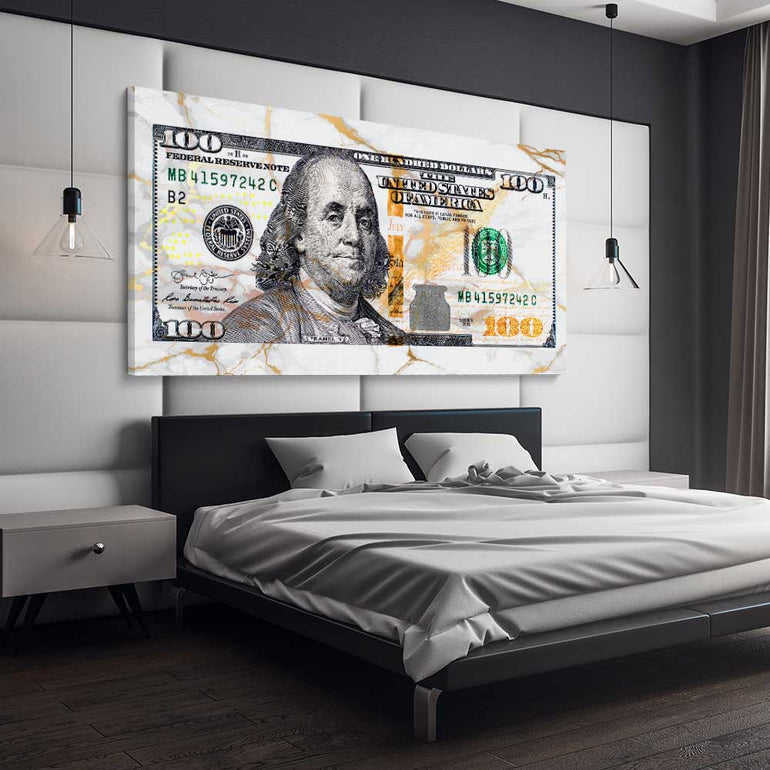 Money wall art print of Marble Bill on a stretched canvas displayed from an angle in a room
