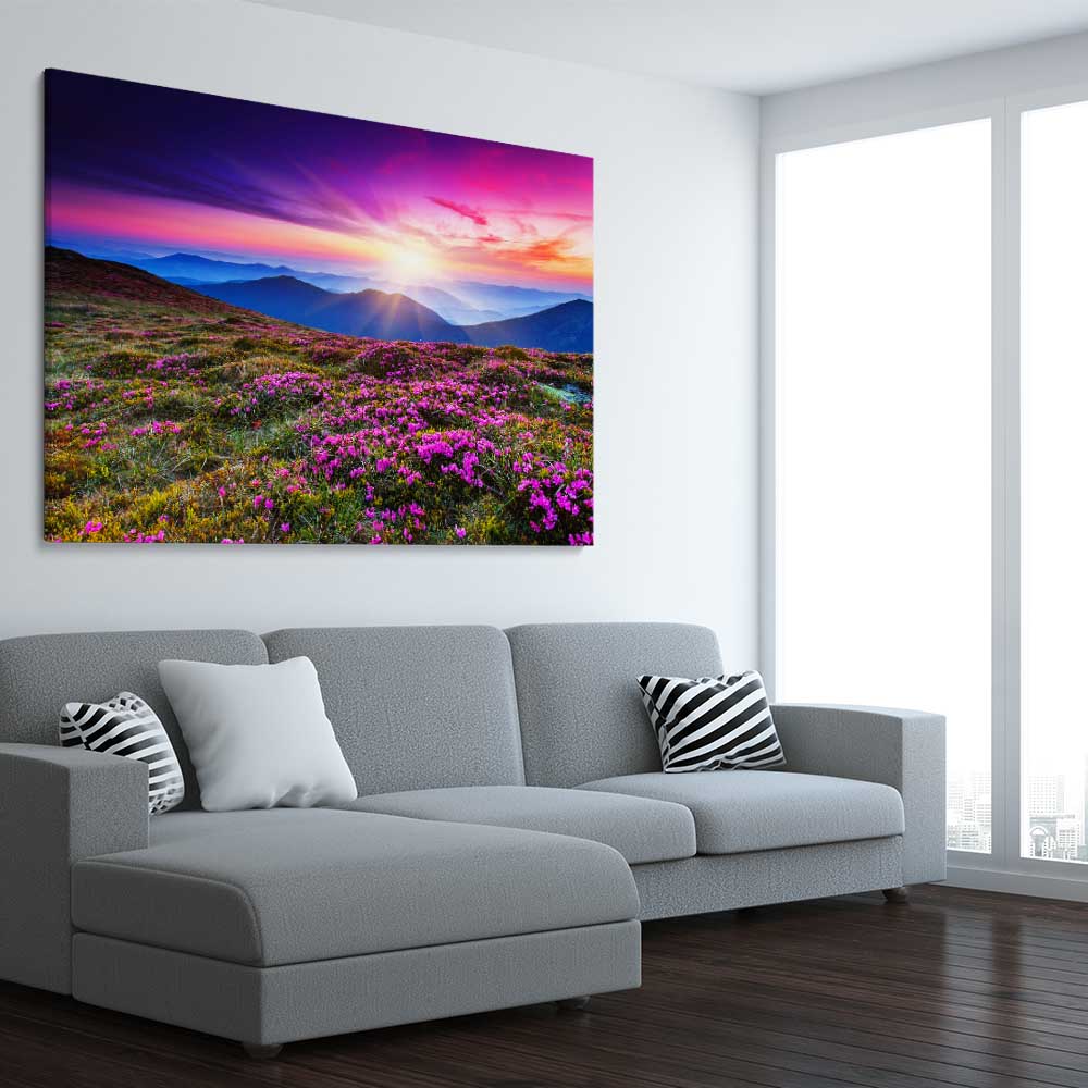 Floral print of Carpathian Mountain Bloom on a stretched canvas displayed from an angle in a room